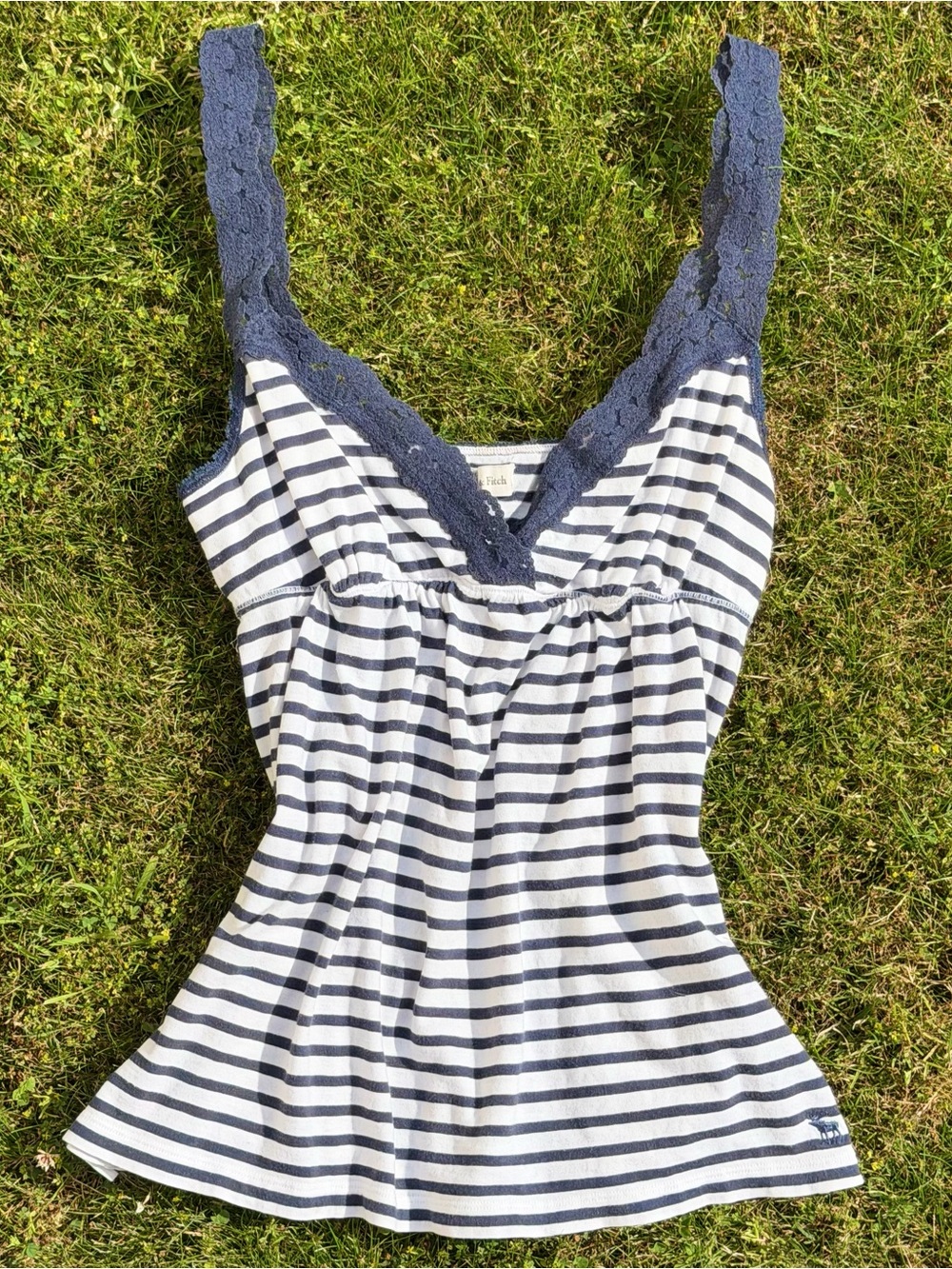 Vintage Y2K Abercrombie & Fitch Babydoll Tank Top White Navy Stripe Lace Size L